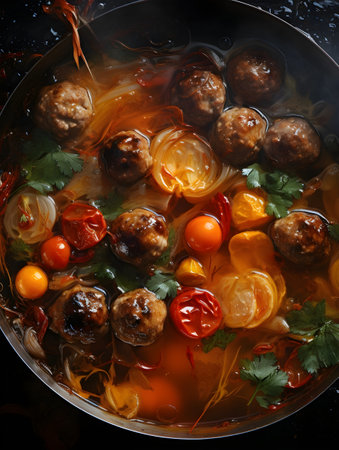 Delicious soup with meatballs, mushrooms and vegetables in a panの素材