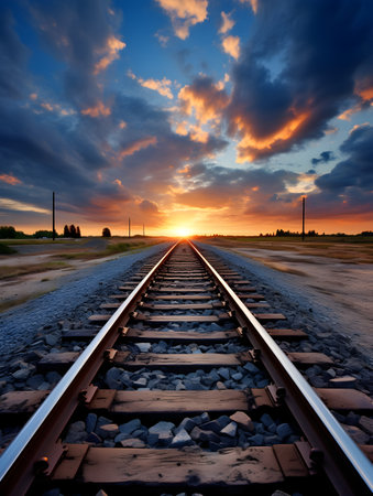 Railway at sunset. Railroad tracks at sunset. Railway landscape.の素材