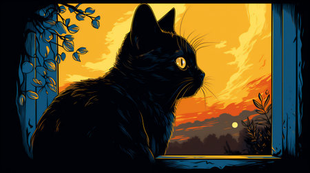 Black cat looking at the sunset in the window.の素材