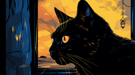 Black cat looking at the sunset in the windowの素材