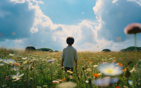 Cute little boy standing in a field of flowersの素材
