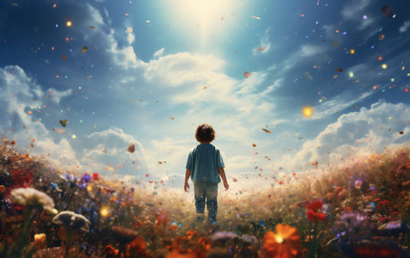 Cute little boy standing in a field of flowersの素材