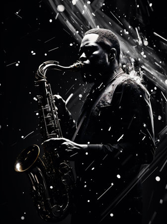 Young african american jazz musician playing the saxophone on black backgroundの素材