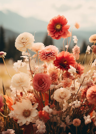 Beautiful red and white dahlia flowers in the meadowの素材