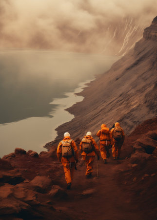 Group of hikers walking on the trail in the crater of volcano.の素材