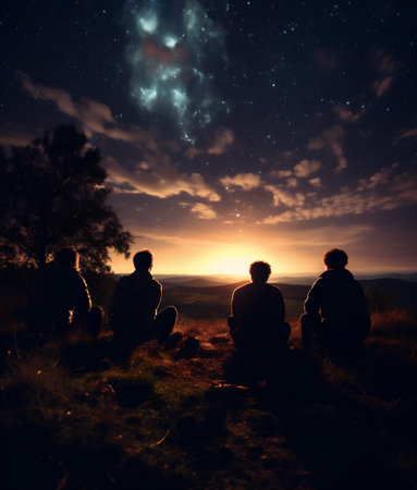 Silhouette of a group of hikers sitting on top of a mountain and watching the milky wayの素材