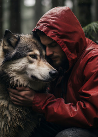 Man in a red raincoat with a dog Alaskan Malamuteの素材