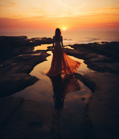 Beautiful woman in a long dress on the beach at sunset.の素材