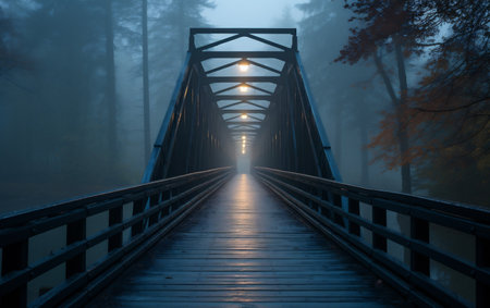 Wooden bridge in the misty forest, foggy dayの素材