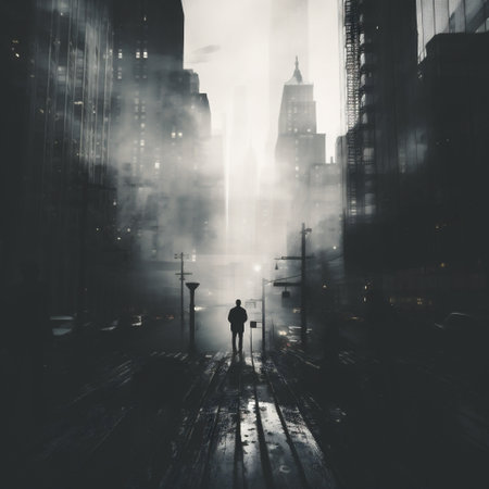 Silhouette of man walking on street in fogの素材