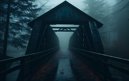 Wooden bridge in the misty forest, foggy dayの素材