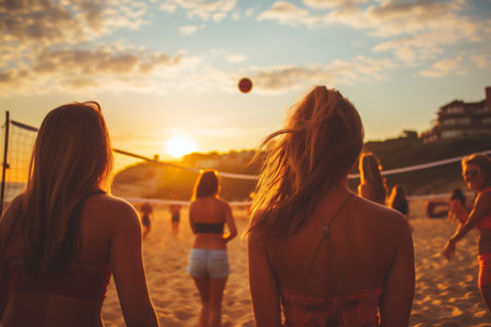 Group of friends playing volleyball on the beach at sunsetの素材