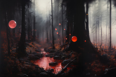 Mystical dark forest with fog and red moon. Halloween conceptの素材