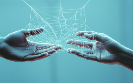 Close-up of human hands and spider web on blue background. Technology conceptの素材