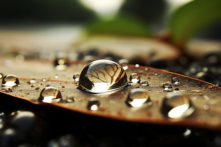 Water droplets on a leaf in the morning. Shallow depth of fieldの素材