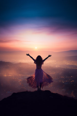 Silhouette of a woman with open arms on the top of the mountain, night cityの素材