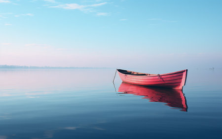 Fishing boat on the lake in the morning. Beautiful landscape.の素材