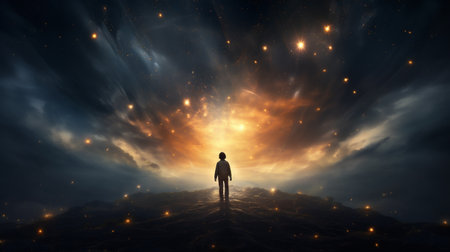 Mysterious man standing in the middle of a dark night skyの素材