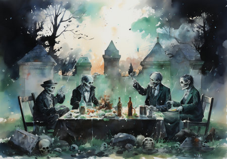 watercolor painting of a zombie family at a table in the cemetery. Halloweenの素材