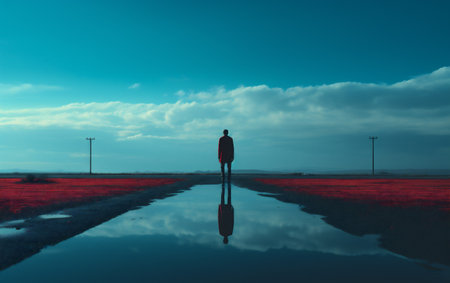 Back view of a man standing on a wet lonely roadの素材