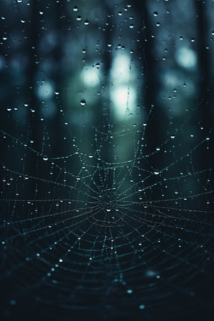 spider web with rain drops in the forest, shallow depth of fieldの素材