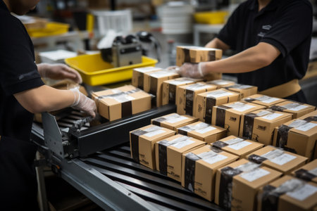 Warehouse staff working with cardboard boxes on conveyor belt in warehouseの素材