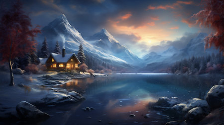 Fantasy winter landscape with mountain lake and wooden house.の素材