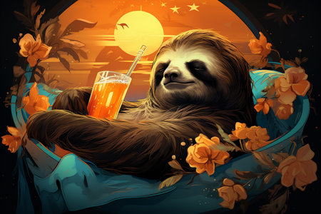 Sleeping sloth with a glass of juice in the moonlightの素材