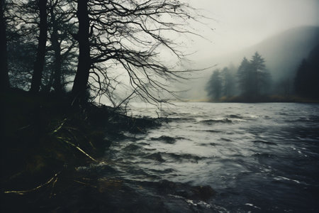Mountain river in a foggy day. Beautiful autumn landscape.の素材