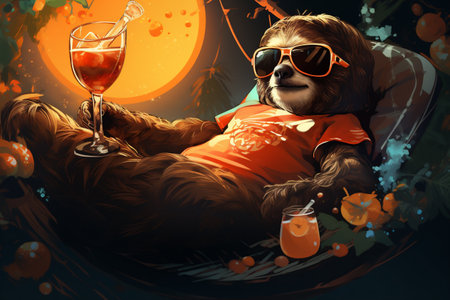 Sleeping sloth in sunglasses with a glass of cocktail.の素材