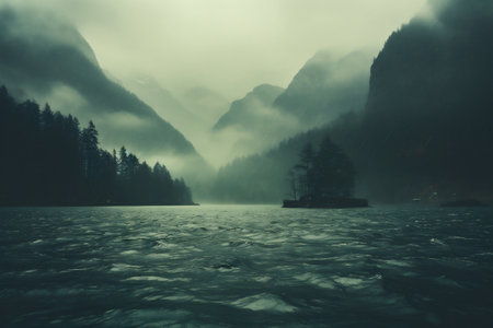 Foggy morning on the lake. Landscape with fog and mountains.の素材
