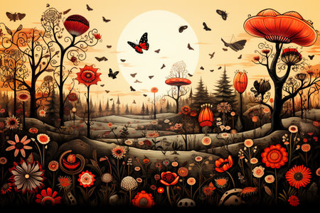 Autumn landscape with red poppies and butterflies.の素材