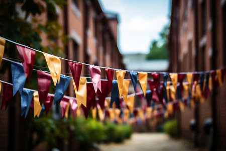 Colorful flags on a rope in the streetの素材