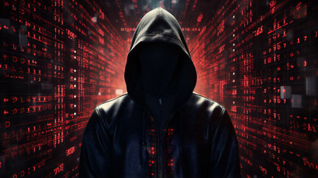 View of a Hacker in front of a binary code backgroundの素材