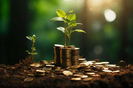 Plant growing from pile of coins. Investment and saving concept.の素材
