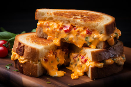 Close up of a sandwich with pimento cheese on a wooden table.の素材