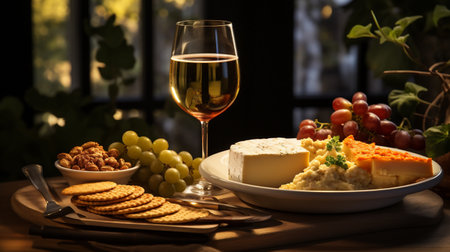 Cheese plate with grapes, crackers and wine on dark backgroundの素材