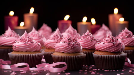 Cupcakes with pink buttercream frosting and candles on black backgroundの素材