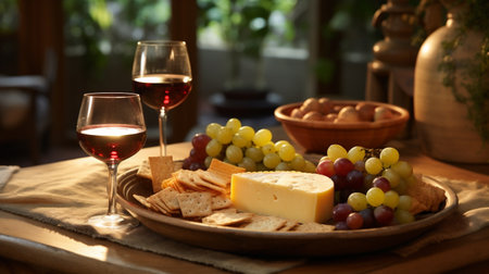 Wine, cheese and crackers on a wooden plate in a restaurantの素材