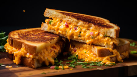 Scrambled eggs sandwich on a wooden board. Shallow dof.の素材