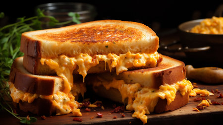 Scrambled eggs and scrambled egg sandwich on a wooden board.の素材