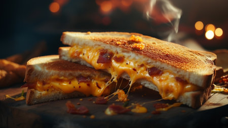 Delicious grilled cheese sandwich on wooden board and burning fire in backgroundの素材