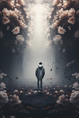 Man with mask walking in the misty forest. 3D renderingの素材