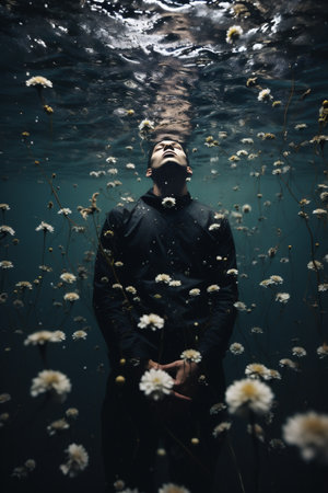 Portrait of a young man in a black coat with flowers underwaterの素材