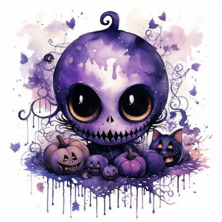 Halloween vector illustration of cute cartoon monster with pumpkins and spidersの素材