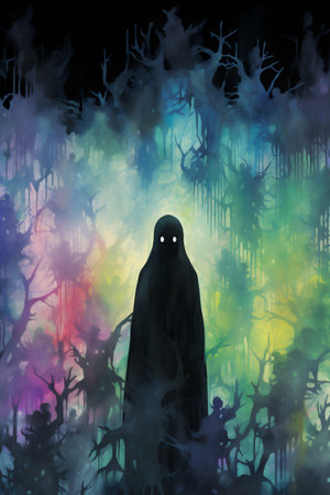 Watercolor painting of a ghost in the forest. Halloween illustration.の素材