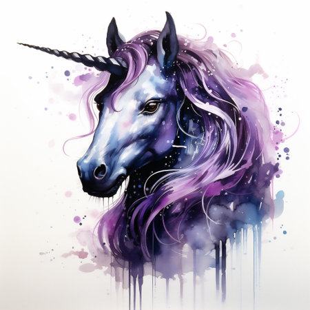 Unicorn horse with purple mane on white background. Digital watercolor paintingの素材