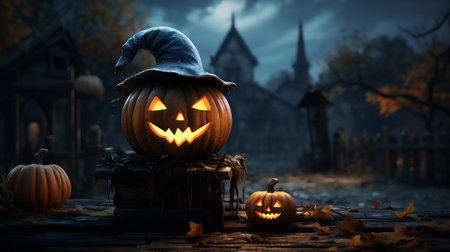 Halloween pumpkin with witch hat, jack-o-lanterns and old wooden house on backgroundの素材