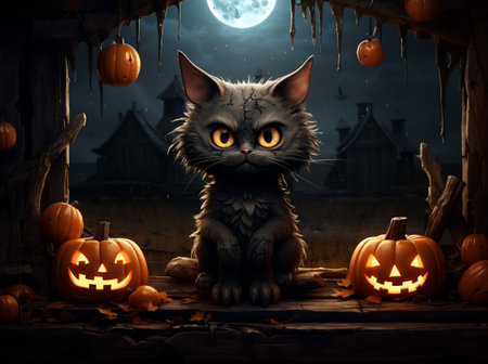Halloween cat sitting in haunted house with pumpkins and witch hatの素材