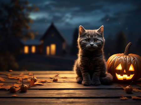 Cute kitten sitting on a wooden table at the background of the house with pumpkinsの素材